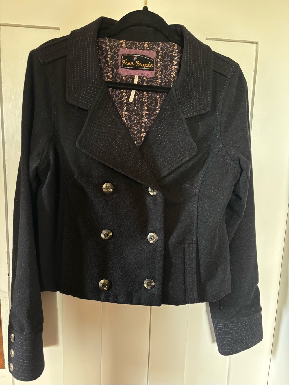 Free People Black Double-Breasted Cropped Peacoat